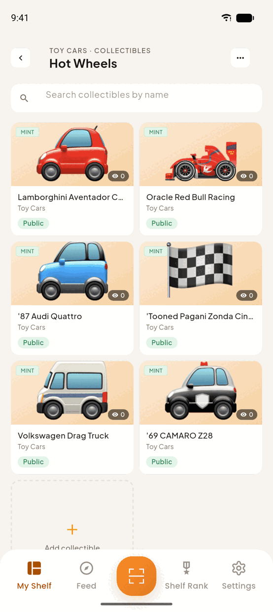 A Hot Wheels collection open in TrophyShelf: six toy cars in a grid, each tile carrying its condition grade, category tag and view count