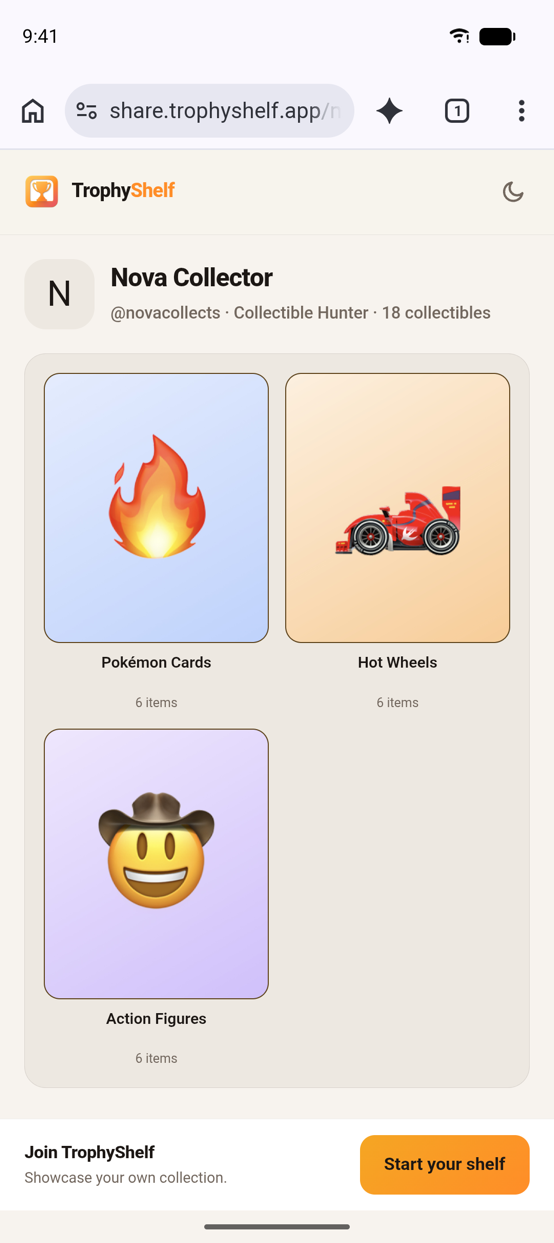 A public TrophyShelf profile open in a phone browser at share.trophyshelf.app: Nova Collector, Collectible Hunter, eighteen collectibles across three collections