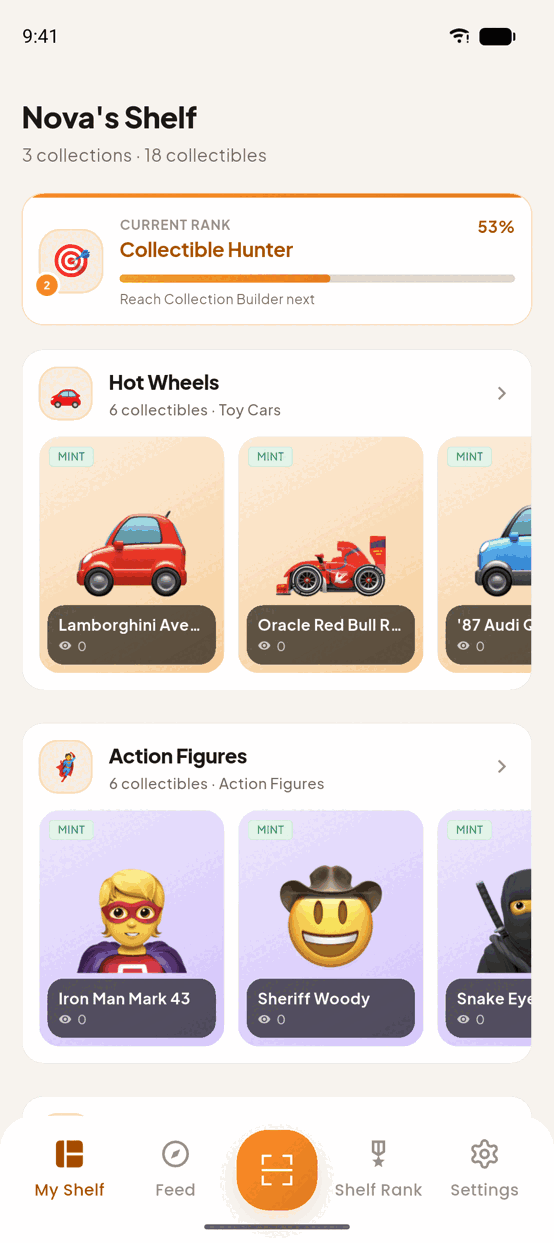 The My Shelf screen: three collections — Hot Wheels and Action Figures among them — above the current rank, Collectible Hunter, at 53 per cent
