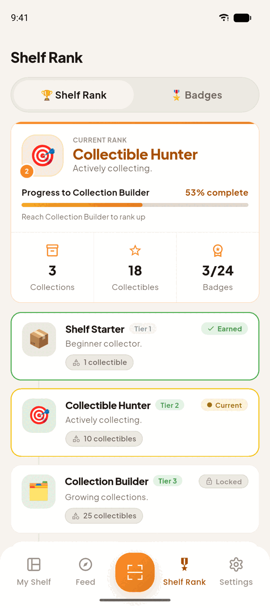 The Shelf Rank screen: Collectible Hunter, 53 per cent of the way to Collection Builder, above the ladder of earned, current and locked tiers