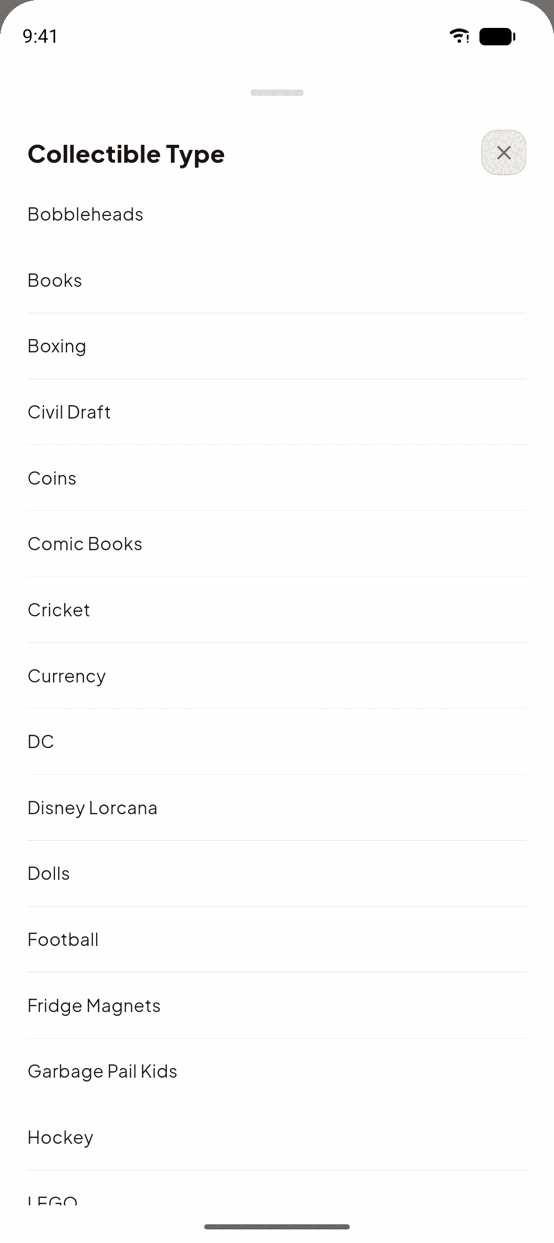 The Collectible Type picker: an alphabetical list running from Bobbleheads and Books through Coins, Comic Books, Currency, Dolls, Football and LEGO, one of 56 types the app carries