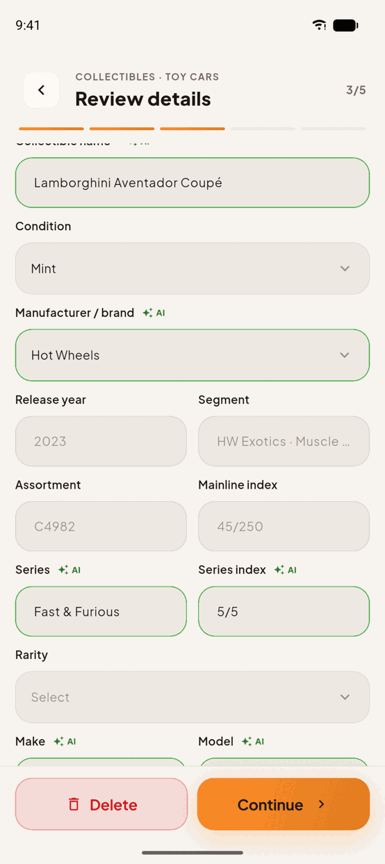 Step 3 of the add flow, Review details: every field already filled and marked as AI-suggested — condition Mint, manufacturer Hot Wheels, segment, assortment, mainline index and series — each one an editable control before anything is saved